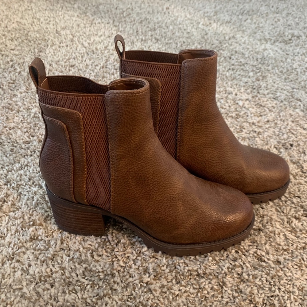 MIA Brown Leather Chelsea Block Heel Ankle Boots